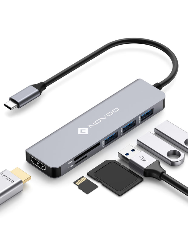 NOVOO R6 USB C Hub HDMI USB C Adapter mit MacBook Pro/Air M1 M2, Adapter USB C auf HDMI 4K, 3 x USB 3.0, Kartenleser SD & Micro SD, Multiport Dock kompatibel mit Dell Surface Lenovo Hp mehr Typ C Geräten- NH06S-630A1