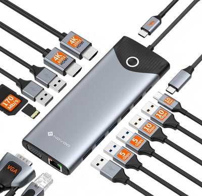 NOVOO USB C Docking Station Triple Display 15 in 1 Dual 4K@60Hz HDMI USB C Hub VGA Adapter Gigabit Ethernet 100W PD,10Gbps USB A+C Datenports,SD/TF Multiport Dock für MacBook HP Dell Lenovo Surface- NHM15S-168H