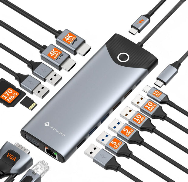 NOVOO USB C Docking Station Triple Display 15 in 1 Dual 4K@60Hz HDMI USB C Hub VGA Adapter Gigabit Ethernet 100W PD,10Gbps USB A+C Datenports,SD/TF Multiport Dock für MacBook HP Dell Lenovo Surface- NHM15S-168H