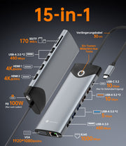 NOVOO USB C Docking Station Triple Display 15 in 1 Dual 4K@60Hz HDMI USB C Hub VGA Adapter Gigabit Ethernet 100W PD,10Gbps USB A+C Datenports,SD/TF Multiport Dock für MacBook HP Dell Lenovo Surface- NHM15S-168H