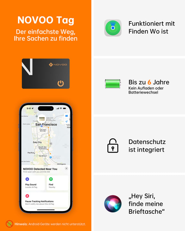 NOVOO Dünne Geldbörsen Tracker Karte Geldbörsenfinder Air Tag kompatibel mit Apple Find My (nur iOS), Gegenstände Item Finder für Gepäckanhänger, Handys, Reisepässe- NFC1-207C-N3