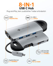 NOVOO R8F USB C Hub 8 Port Aluminium Magnet USB C Adapter mit HDMI 4K, 3 USB 3.0, Gigabit Ethernet 1000Mbps, Type C Power Delivery, SD/TF Ports für Laptop MacBook Pro Samsung Galaxy S8 Huawei Typ-C Geräte- NH08S-601A
