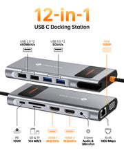 NOVOO RM12F USB C Docking Station Triple Display 13 in 1 USB C 4K@60Hz Dual HDMI USB C Hub VGA Adapter Gigabit Ethernet 100W PD,4 USB Datenports,SD/TF,Audio/Mic USB C Adapter for MacBook Dell Surface HP- NHM12S-BC00