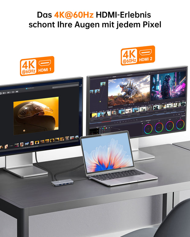 NOVOO RM11 Pro Docking Station 4K@60Hz USB C Hub Triple Display Dual HDMI mit DisplayPort USB C Adapter Multiport Docking Station 2 HDMI 4K,Gigabit Ethernet,100WPD,SD/TF,4xUSB für MacBook, andere USB C Laptops-NHM11D-111V3