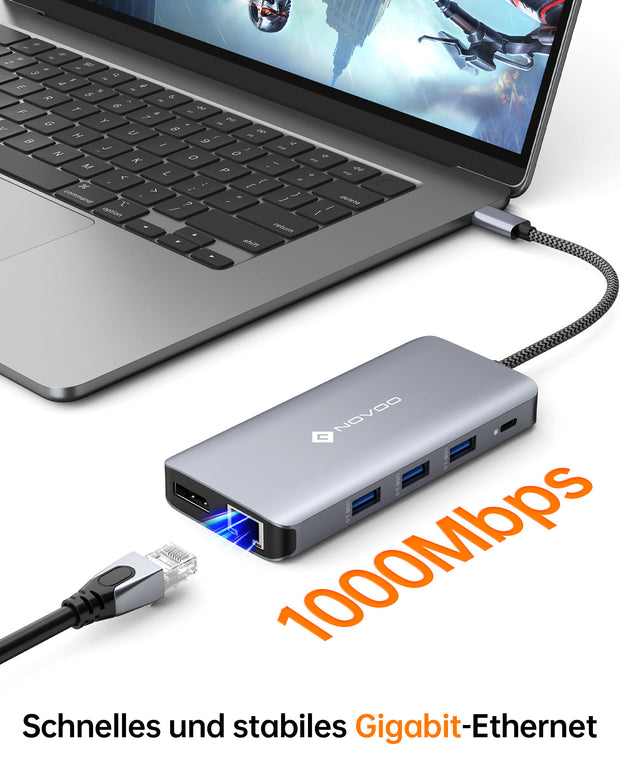 NOVOO RM11 Pro Docking Station 4K@60Hz USB C Hub Triple Display Dual HDMI mit DisplayPort USB C Adapter Multiport Docking Station 2 HDMI 4K,Gigabit Ethernet,100WPD,SD/TF,4xUSB für MacBook, andere USB C Laptops-NHM11D-111V3