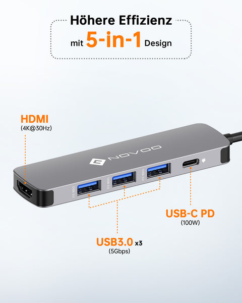 NOVOO R5 PD USB C Hub HDMI 4K USB C Adapter MacBook Pro/Air M1 Adapter mit 4K HDMI,100W PD,3 x USB 3.0 Anschlüsse Aluminium Multiport Hub USB C kompatibel für MacBook,Surface,Laptop und andere Typ C Geräten- NH05D-122G5