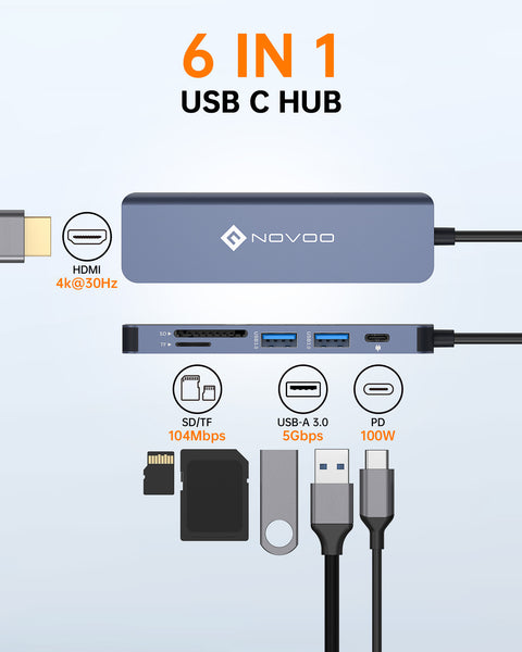 NOVOO R6 PD USB C Hub 4K HDMI USB C Adapter Docking Station mit 100W Power Delivery,4K HDMI,2 USB-A 3.0 Datenports, SD/TF Kartenleser für MacBook Pro/Air M1 M2 Dell Surface Lenovo Hp und mehr Typ C Geräten-NH06S-630A