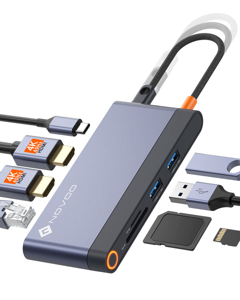 NOVOO USB C Docking Station 4K@60Hz Dual HDMI 8-in-1 USB C Hub Adapter mit Dual HDMI,PD 100W,1Gbps Ethernet,2 USB 3.0, SD&TF für MacBook Pro M2, Dell, HP, Lenovo und mehr Typ C Geräten- RM8F