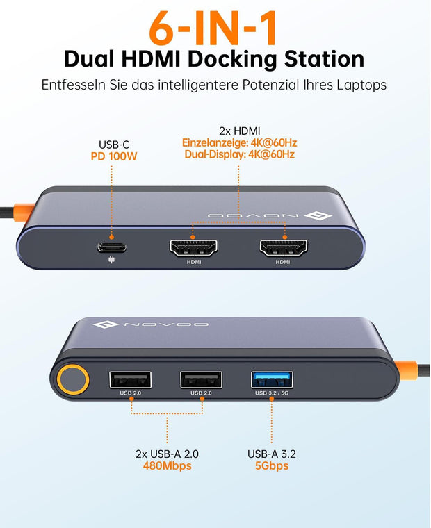 NOVOO Docking Station 10 In 1 Con Doppia HDMI 8K, Gigabit Ethernet, PD 100W, 3 Porte USB E Lettore SD/TF