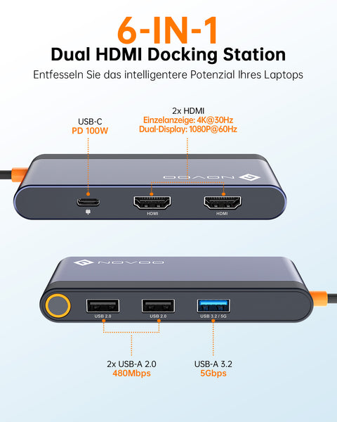 NOVOO USB C Docking Station 4K Dual HDMI USB C Hub Adapter mit 2 HDMI,PD 100W Schnellladen, 3X USB-A für MacBook Pro M2, Dell, HP, Lenovo, Surface und mehr Typ C Geräten- RM6F