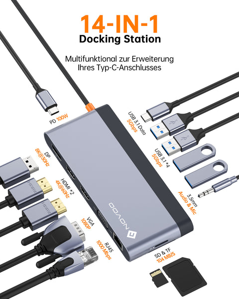 NOVOO USB C Docking Station 4 Monitore 14-in-1 USB C Hub mit 4K@120Hz DisplayPort,2 HDMI 4K@60Hz,VGA,4xUSB-A +1USB-C Datenübertragung,PD 100W,Gigabit Ethernet,SD/TF,Audio/Mic für MacBook Dell Lenovo- NHM14S-632B1