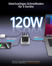 NOVOO 120W USB C Ladegerät GaN Ⅲ 3-Port USB C Netzteil Schnellladegerät mit 2 PD 100W Typ-C-Kabeln Wandladegerät für MacBook Pro 14'',Dell XPS 13,iPad Pro,iPhone 15,Galaxy S23,Note20,Apple Watch