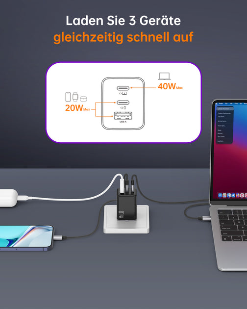 67W USB C Ladegerät GaN - 3-Port Schnelllader Mit 2m Kabel