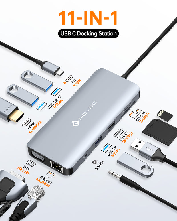 NOVOO USB C Hub Docking Station 4K@60Hz 11-in-1 USB C Adapter Dual Monitore mit 4K@60Hz HDMI,VGA FHD,4USB-A,PD 100W,Gigabit Ethernet,SD/TF,Audio/Mic Multiport Adapter für MacBook M1 M2,Dell HP Lenovo- NH11D-111Z