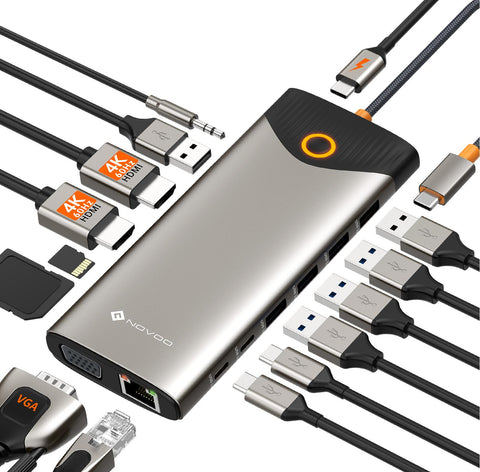NOVOO 15-in-1 USB C Docking Station Triple Display USB C Hub Dual 4K@60Hz HDMI Adapter mit VGA Gigabit Ethernet,5USB-A/2USB-C Datenports,100W PD,SD/TF,Audio/Mic Multiport Dock für MacBook Dell Lenovo- NHM15D-168C