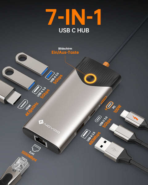NOVOO USB C Hub 4K@60Hz HDMI Gigabit Ethernet 7-in-1 USB C Adapter MacBook Pro Air Dock,4K HDMI,3USB-A+1USB-C Datenanschlüsse,100W PD Docking Station für MacBook,Surface,Dell und mehr Typ C Geräten- NH07D-168D