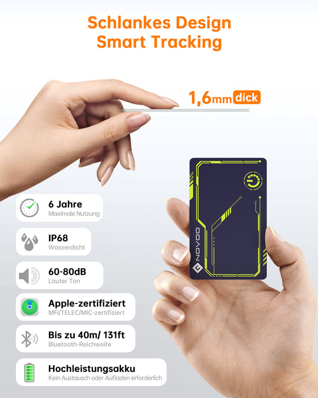 NOVOO Air Tag Karte Wallet Tracker Card Thin 1,6mm Smart Bluetooth Tag Kompatibel mit Apple Wo ist? APP (nur iOS), 6 Jahre Batterielebensdauer GPS Item Finder für Geldbörse,Gepäckanhänger,Reisepass- NFC1-207C-VL