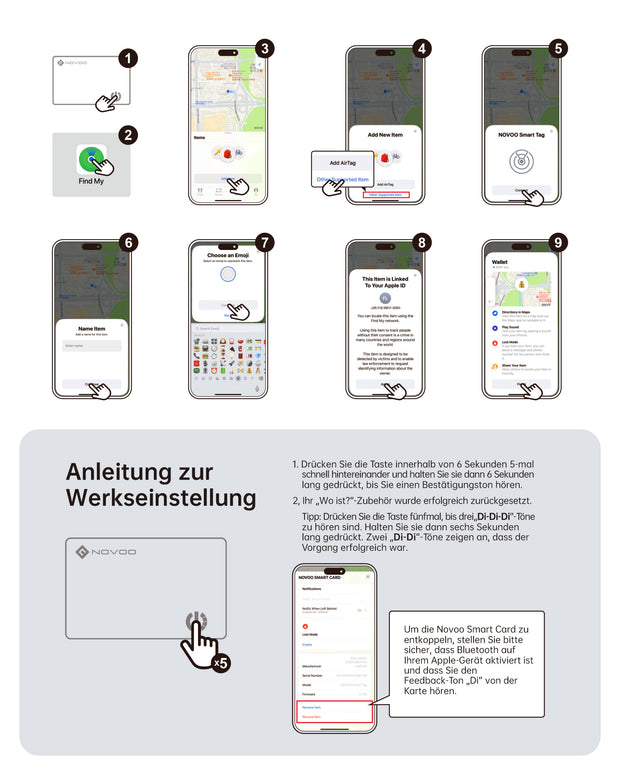 NOVOO Air Tag Karte Wallet Tracker Card Thin 1,6mm Smart Bluetooth Tag Kompatibel mit Apple Wo ist? APP (nur iOS), 6 Jahre Batterielebensdauer GPS Item Finder für Geldbörse,Gepäckanhänger,Reisepass- NFC1-207C-VL
