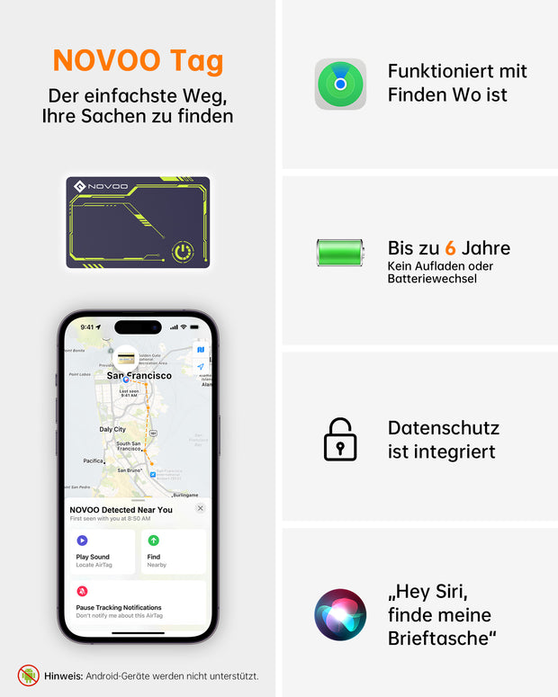 NOVOO Air Tag Karte Wallet Tracker Card Thin 1,6mm Smart Bluetooth Tag Kompatibel mit Apple Wo ist? APP (nur iOS), 6 Jahre Batterielebensdauer GPS Item Finder für Geldbörse,Gepäckanhänger,Reisepass- NFC1-207C-VL