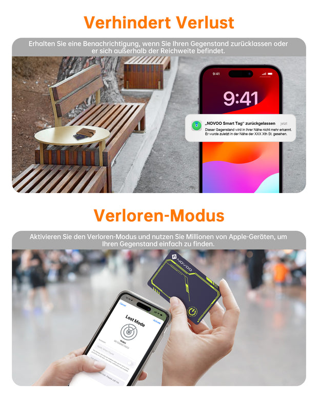 NOVOO Air Tag Karte Wallet Tracker Card Thin 1,6mm Smart Bluetooth Tag Kompatibel mit Apple Wo ist? APP (nur iOS), 6 Jahre Batterielebensdauer GPS Item Finder für Geldbörse,Gepäckanhänger,Reisepass- NFC1-207C-VL