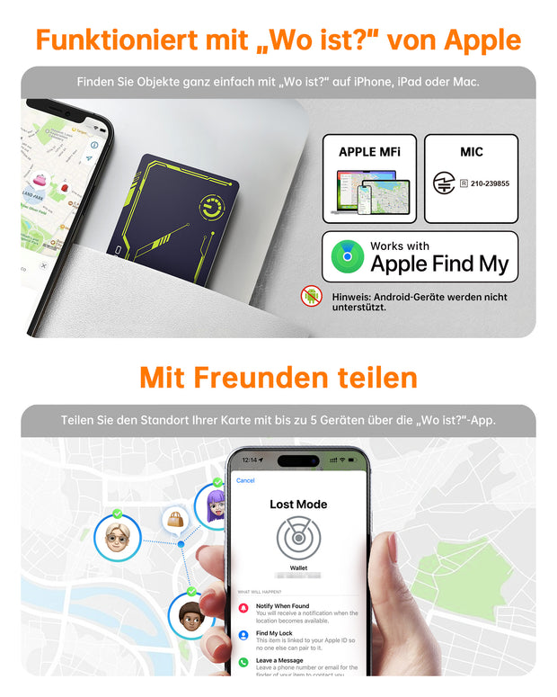 NOVOO Air Tag Karte Wallet Tracker Card Thin 1,6mm Smart Bluetooth Tag Kompatibel mit Apple Wo ist? APP (nur iOS), 6 Jahre Batterielebensdauer GPS Item Finder für Geldbörse,Gepäckanhänger,Reisepass- NFC1-207C-VL