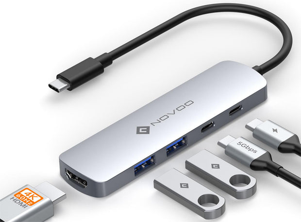NOVOO USB C Hub 4K@60Hz HDMI Adapter 5-IN-1 USB-C Datenports, PD 100W, 2 USB-A, Multiportadapter Kompatibel Mit MacBook Air/Surface/XPS/Galaxy S24/iPhone 16/Steam Deck- NH05D-155B