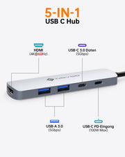 NOVOO USB C Hub 4K@60Hz HDMI Adapter 5-IN-1 USB-C Datenports, PD 100W, 2 USB-A, Multiportadapter Kompatibel Mit MacBook Air/Surface/XPS/Galaxy S24/iPhone 16/Steam Deck- NH05D-155B