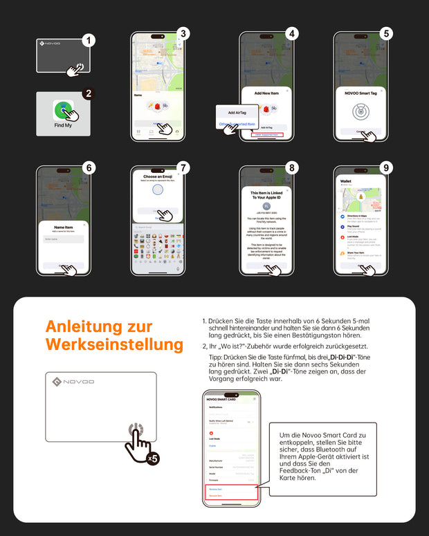 NOVOO Dünne Geldbörsen Tracker Karte Air Smart Tag Card funktioniert mit Apple Find My (nur iOS), Bluetooth Item Finder Gegenstandsortierer für Gepäckanhänger, Telefon, Reisepässe- NFC1-207C-N2