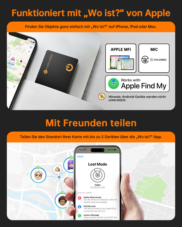 NOVOO Dünne Geldbörsen Tracker Karte Air Smart Tag Card funktioniert mit Apple Find My (nur iOS), Bluetooth Item Finder Gegenstandsortierer für Gepäckanhänger, Telefon, Reisepässe- NFC1-207C-N2