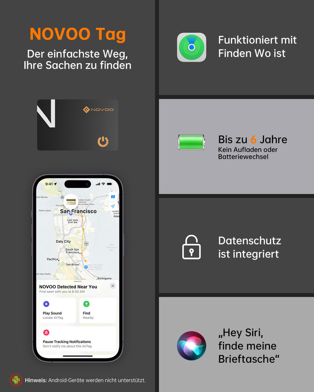 NOVOO Dünne Geldbörsen Tracker Karte Air Smart Tag Card funktioniert mit Apple Find My (nur iOS), Bluetooth Item Finder Gegenstandsortierer für Gepäckanhänger, Telefon, Reisepässe- NFC1-207C-N2