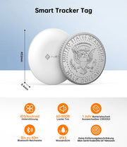 NOVOO Air Tag Schlüsselfinder Smart Tracker Kompatibel mit Apple Wo ist? APP(iOS) und Google,Mein Gerät Finden”APP(Android) Bluetooth KeyFinder Austauschbarer Akku für Gepäck,Taschen,Koffer-4er Pack- NFT1-206G-4
