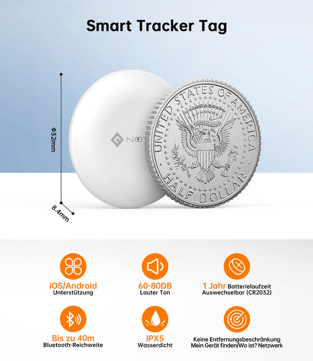 NOVOO Air Tag Schlüsselfinder Smart Tracker Kompatibel mit Apple Wo ist? APP(iOS) und Google,Mein Gerät Finden”APP(Android) Bluetooth KeyFinder Austauschbarer Akku für Gepäck,Taschen,Koffer-4er Pack- NFT1-206G-4