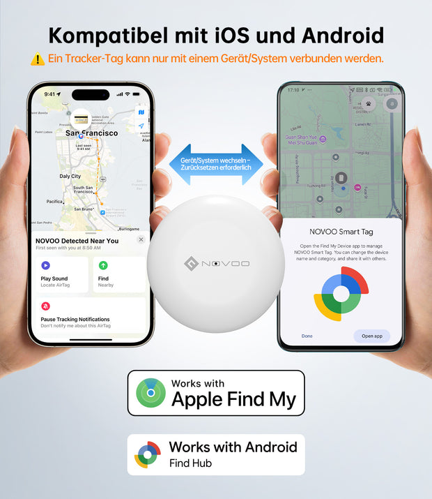 NOVOO Air Tag Schlüsselfinder Smart Tracker Kompatibel mit Apple Wo ist? APP(iOS) und Google,Mein Gerät Finden”APP(Android) Bluetooth KeyFinder Austauschbarer Akku für Gepäck,Taschen,Koffer-4er Pack- NFT1-206G-4