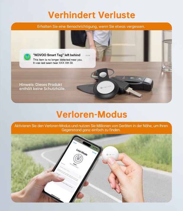 NOVOO Air Tag Schlüsselfinder Smart Tracker Kompatibel mit Apple Wo ist? APP(iOS) und Google,Mein Gerät Finden”APP(Android) Bluetooth KeyFinder Austauschbarer Akku für Gepäck,Taschen,Koffer-4er Pack- NFT1-206G-4