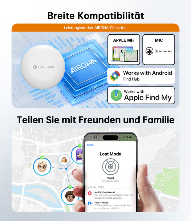 NOVOO Air Tag Schlüsselfinder Smart Tracker Kompatibel mit Apple Wo ist? APP(iOS) und Google,Mein Gerät Finden”APP(Android) Bluetooth KeyFinder Austauschbarer Akku für Gepäck,Taschen,Koffer-4er Pack- NFT1-206G-4