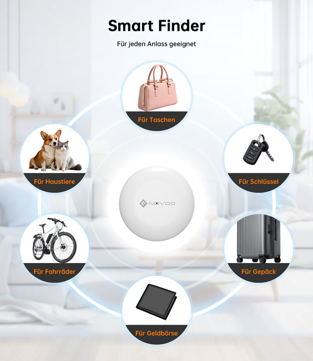NOVOO Air Tag Schlüsselfinder Smart Tracker Kompatibel mit Apple Wo ist? APP(iOS) und Google,Mein Gerät Finden”APP(Android) Bluetooth KeyFinder Austauschbarer Akku für Gepäck,Taschen,Koffer-4er Pack- NFT1-206G-4