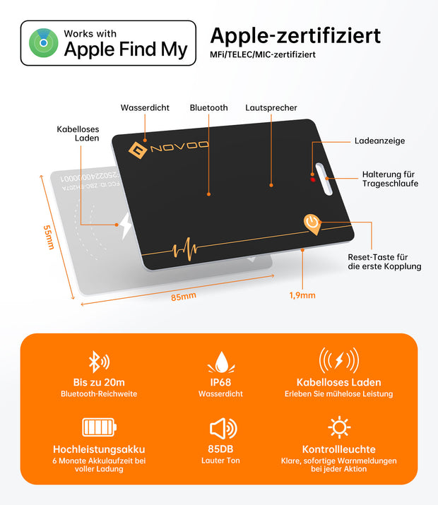 NOVOO Dünne Geldbörsen Tracker Wiederaufladbarer Air Tag Karte mit Apple Find My (nur iOS) Smart Bluetooth Geldbörsenfinder IP68 Wasserdicht SmartTag Card kompatibel für Wallet, Reisepässe, Gepäck- NFC3-207A