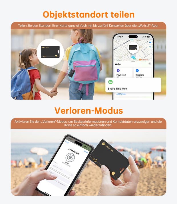 NOVOO Dünne Geldbörsen Tracker Wiederaufladbarer Air Tag Karte mit Apple Find My (nur iOS) Smart Bluetooth Geldbörsenfinder IP68 Wasserdicht SmartTag Card kompatibel für Wallet, Reisepässe, Gepäck- NFC3-207A