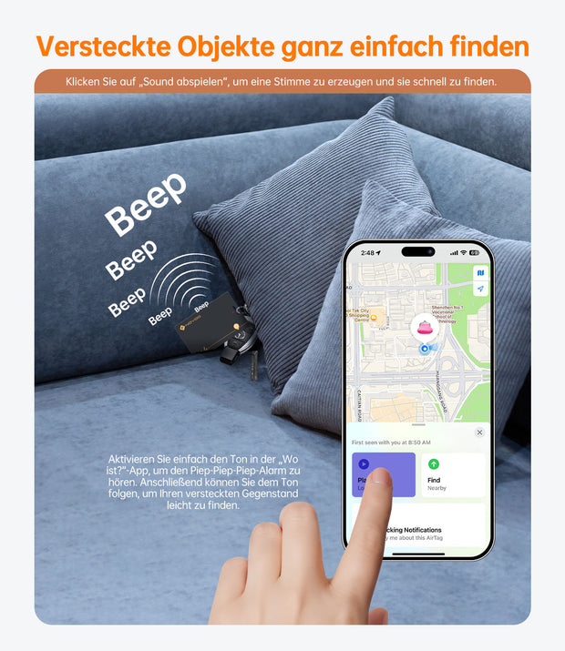 NOVOO Dünne Geldbörsen Tracker Wiederaufladbarer Air Tag Karte mit Apple Find My (nur iOS) Smart Bluetooth Geldbörsenfinder IP68 Wasserdicht SmartTag Card kompatibel für Wallet, Reisepässe, Gepäck- NFC3-207A