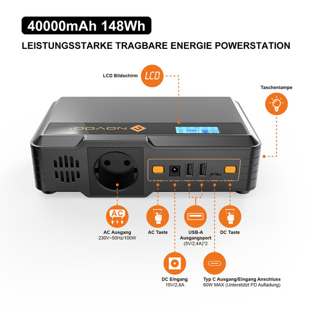 NOVOO Powerstation Tragbare 148Wh 40000mAhPowerbank Mobile Stromversorgung mit 220V/100W Steckdose,USB-C PD 60W,2X USB-A,Flashlight-NOESS301DJJ100-EU